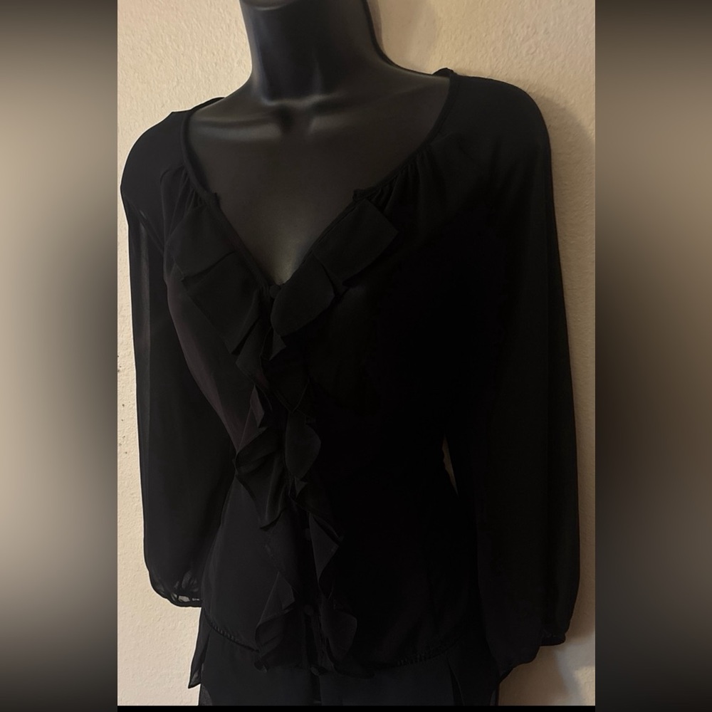 Worthington Black Ruffled V-Neck Button Up - Picture 2 of 3